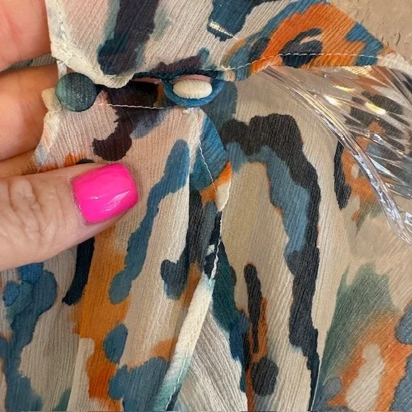 Tommy Bahama Women's Blue Orange White Abstract Print Sheer 100% Silk Blouse SM - Picture 5 of 7